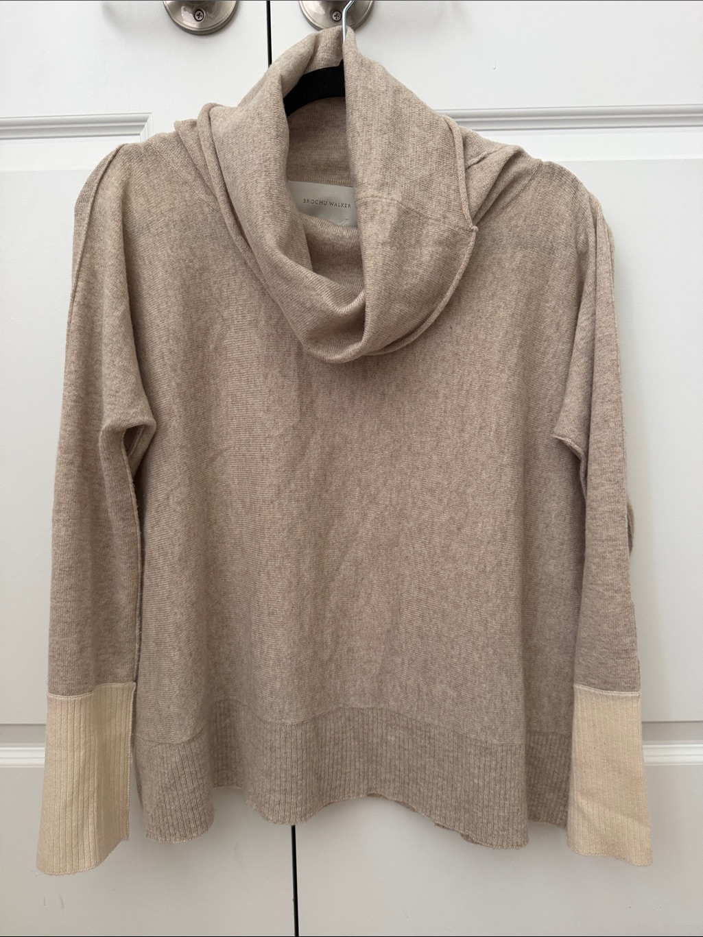 Brochu Walker Taupe Cowl Neck Sweater With Cream Cuffs